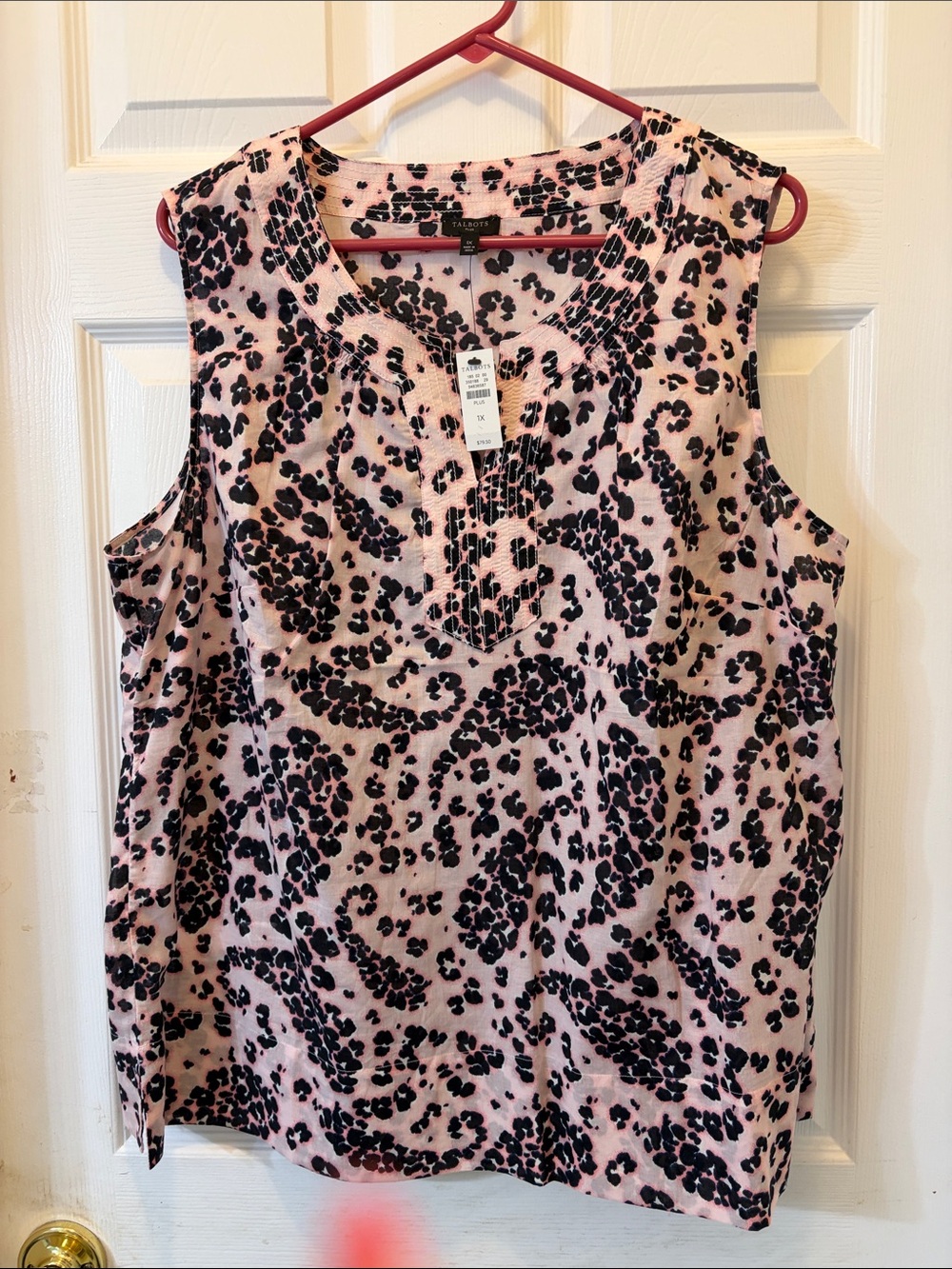 Talbots Pink Leopard-Print Sleeveless Tank with Pintuck V-Neck